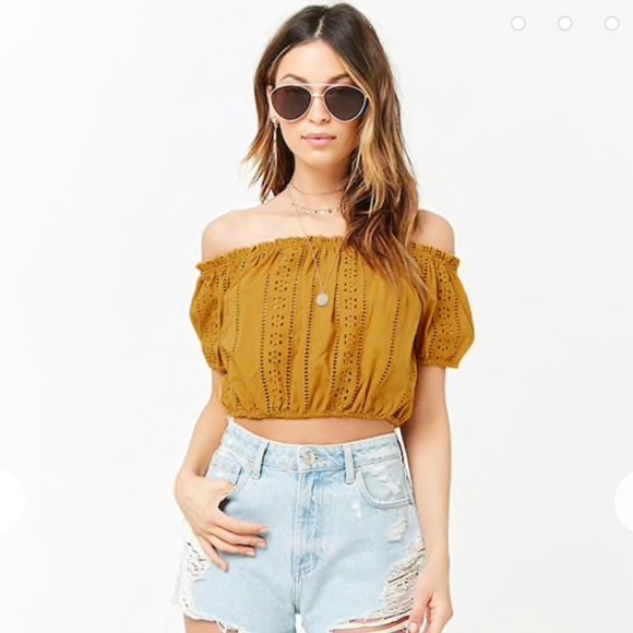 Yellow Off The Shoulder Crop Top on 